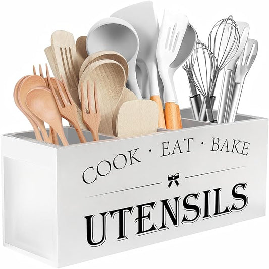 Extra large wooden kitchen utensil holder 4 compartments white farmhouse countertop organizer
