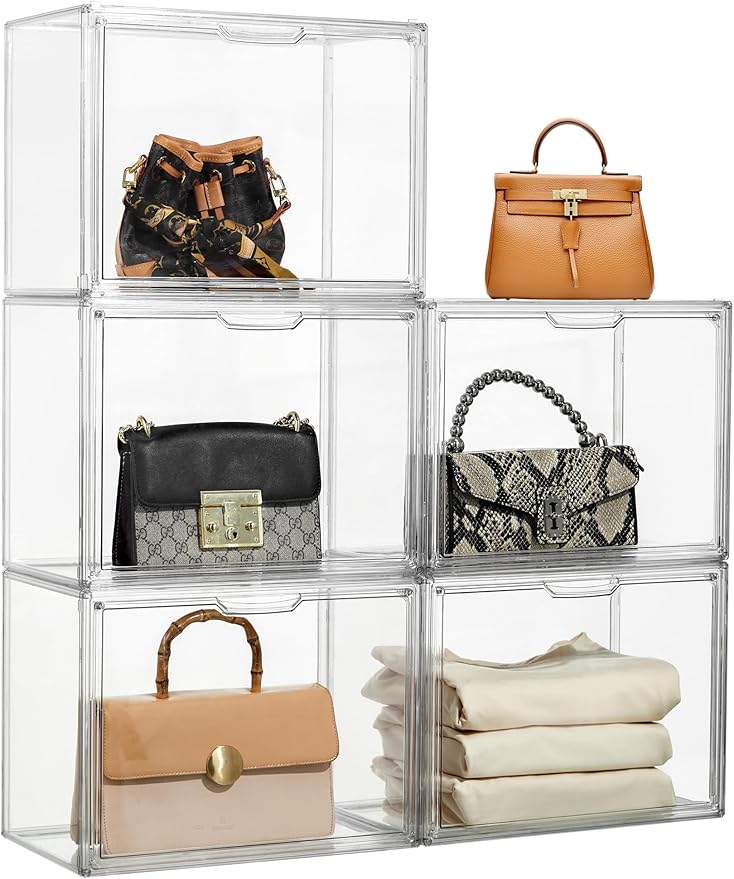 Clear acrylic purse organizer 5-pack stackable display case with magnetic door for handbag closet storage