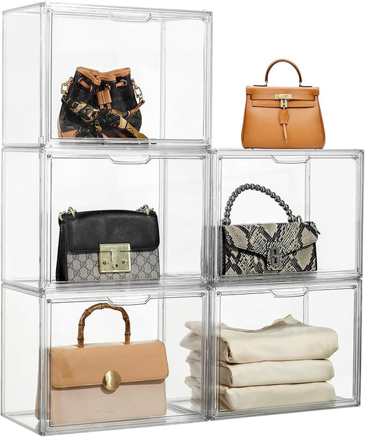 Clear acrylic purse organizer 5-pack stackable display case with magnetic door for handbag closet storage