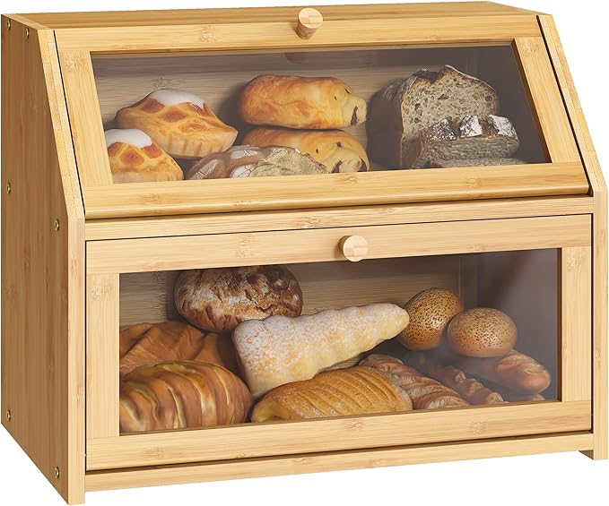 Natural bamboo double-layer bread box for kitchen countertop – large capacity bakery storage container for fresh bread