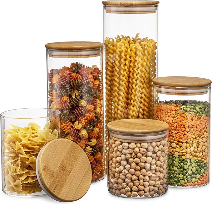 Set of 5 glass kitchen canisters with airtight bamboo lids for pantry organization — flour, coffee, pasta, and dry food storage