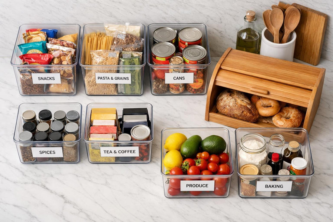 organized kitchen countertop with labeled bins and bread box