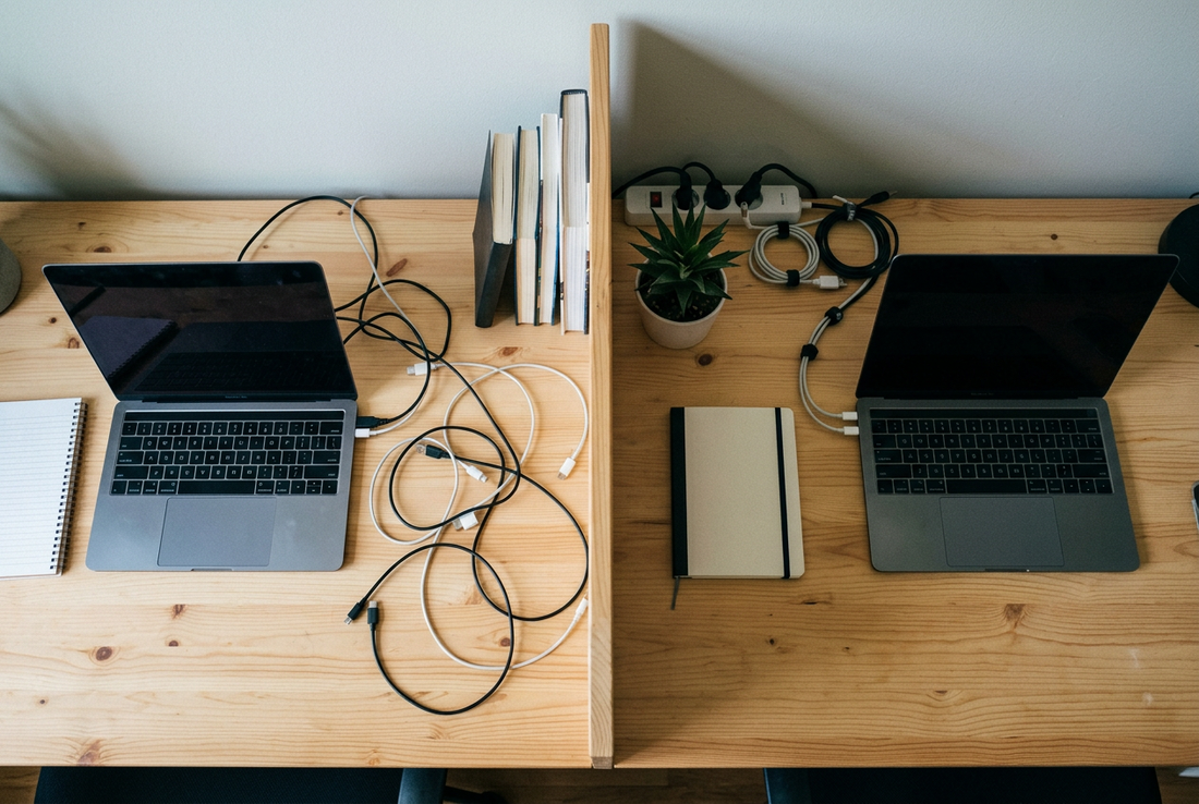 Home office desk with charging cords organized along the rear edge.