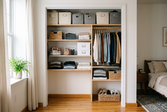 Apartment closet organized vertically with labeled bins and accessible shelves.
