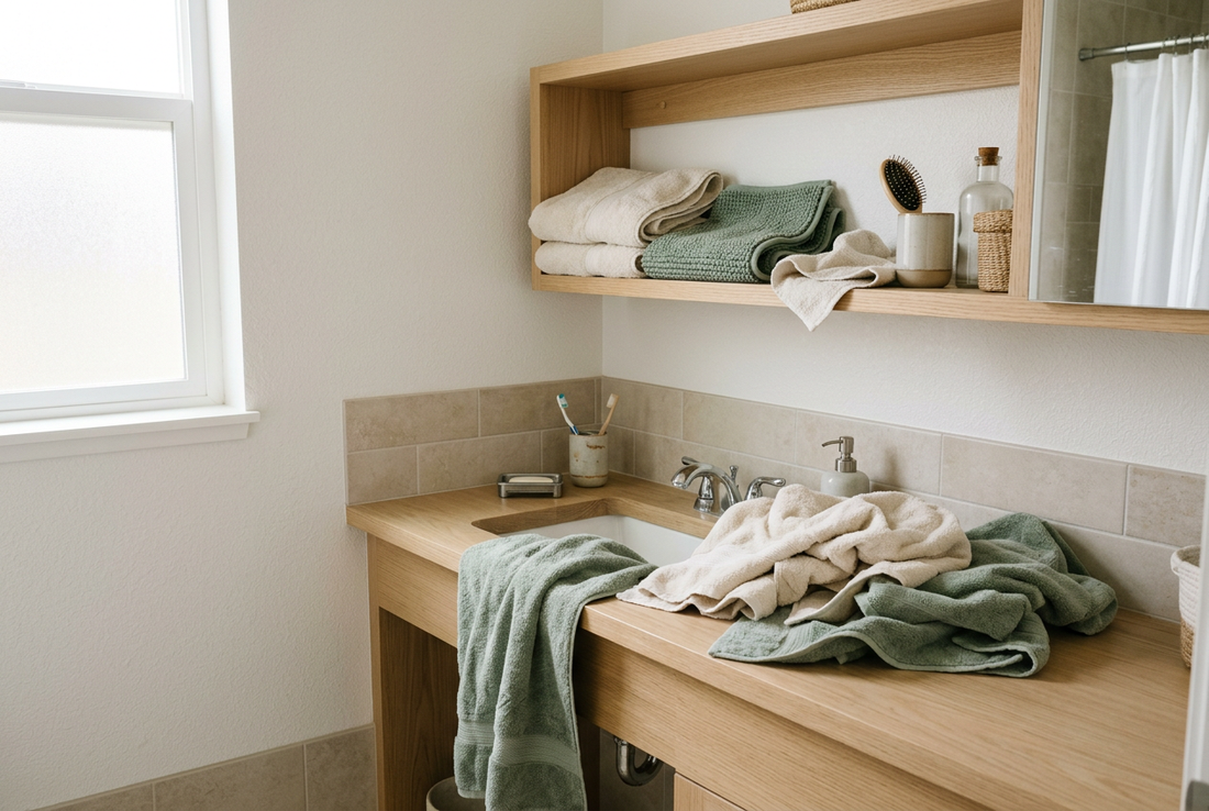 Small bathroom with towels needing a clear storage system.