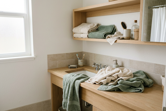 Small bathroom with towels needing a clear storage system.