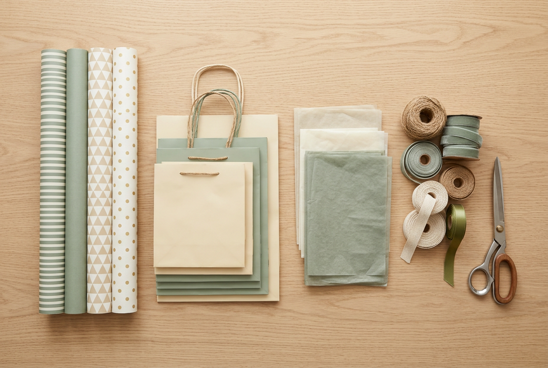 Gift wrapping supplies grouped by type before organizing.