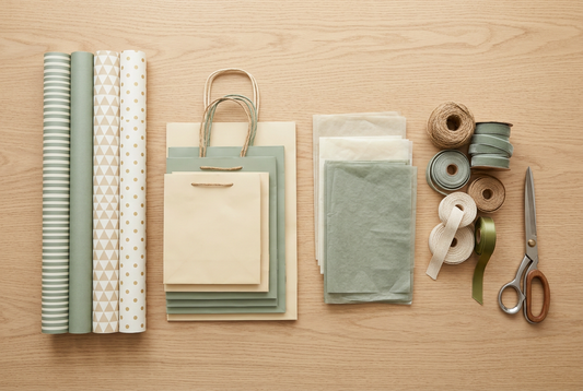 Gift wrapping supplies grouped by type before organizing.