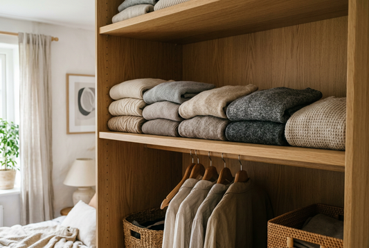 Clean seasonal sweaters organized on the upper shelf of a small wardrobe.