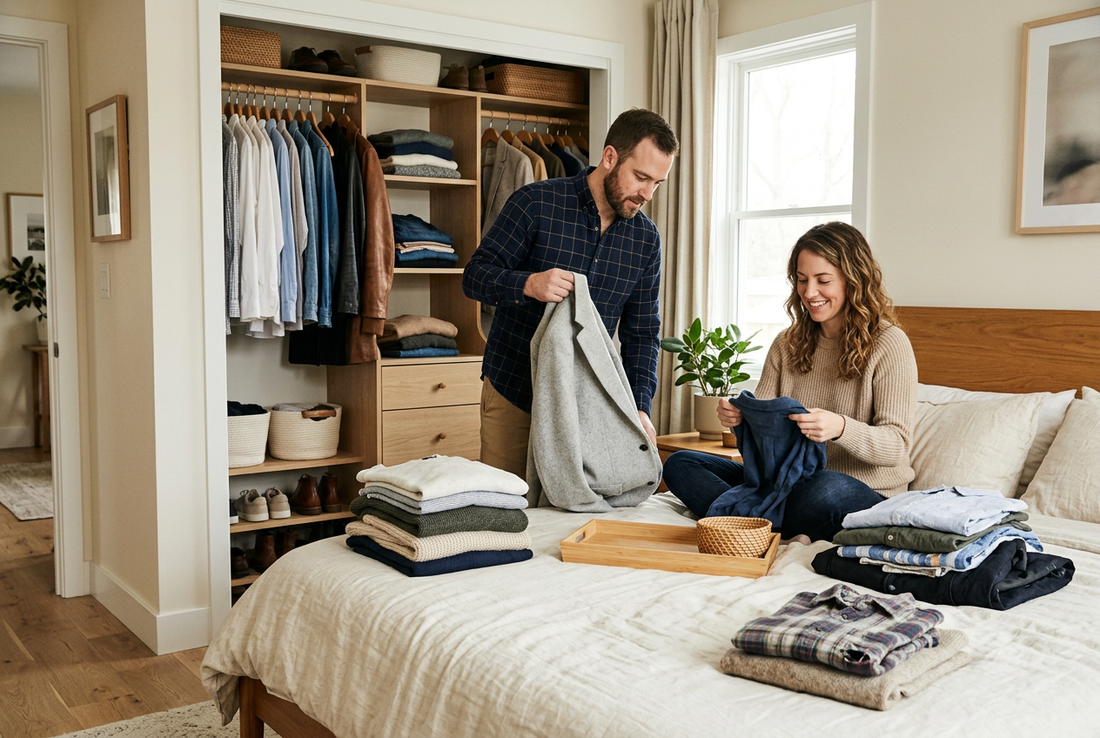 Two people sorting clothing together before organizing a shared bedroom closet.
