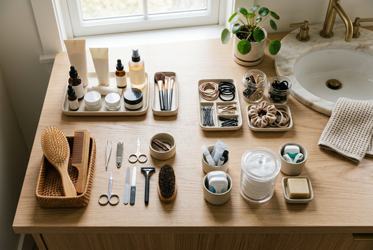 Bathroom essentials sorted into groups before creating practical drawer zones.