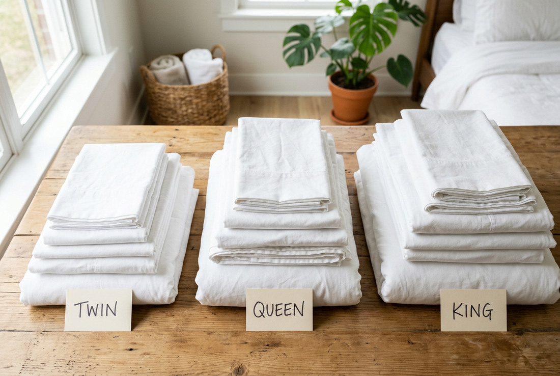 Spare bed linens sorted into labeled groups by mattress size before closet organization.