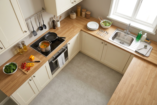 Kitchen layout showing preparation, cooking, serving, and cleaning zones.