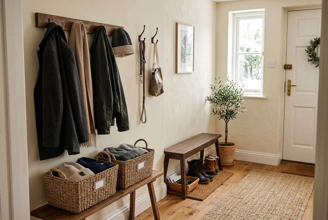 Compact entryway with separate hooks and baskets for winter accessories.
