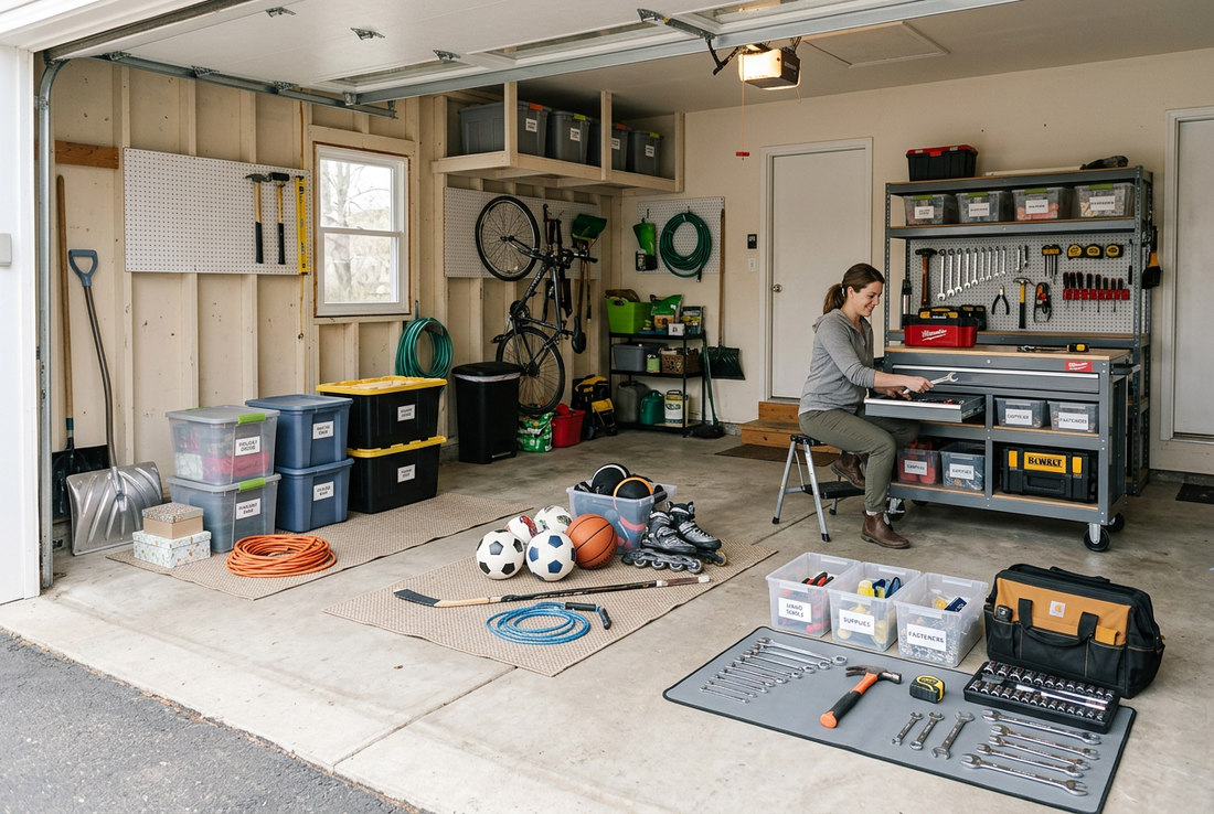 Garage belongings sorted into practical categories before installing storage.