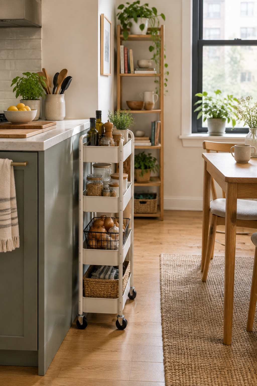 Slim rolling storage cart in a tidy small apartment kitchen