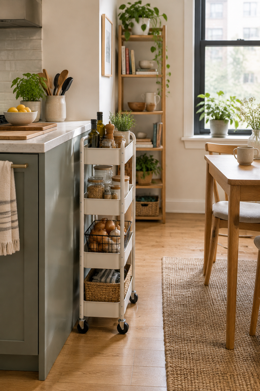 Slim rolling storage cart in a tidy small apartment kitchen