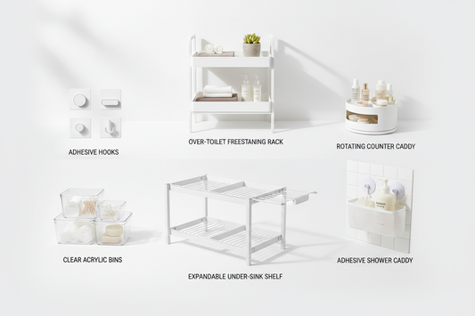 6 bathroom organizers compared side by side flat lay on white background