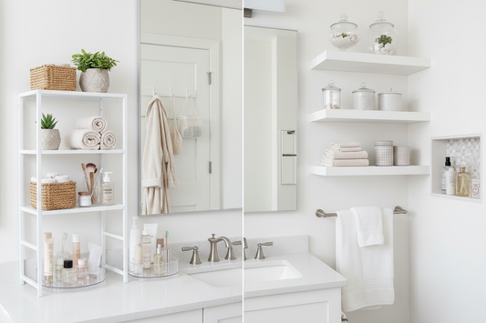 Renter vs homeowner bathroom storage comparison showing no-drill and permanent storage solutions