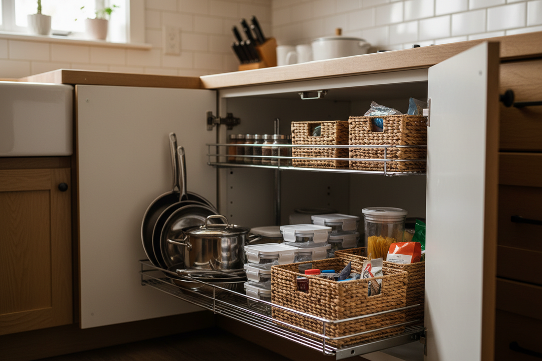 Open deep kitchen cabinet with grouped cookware, baskets, and pull-out storage that keeps items accessible