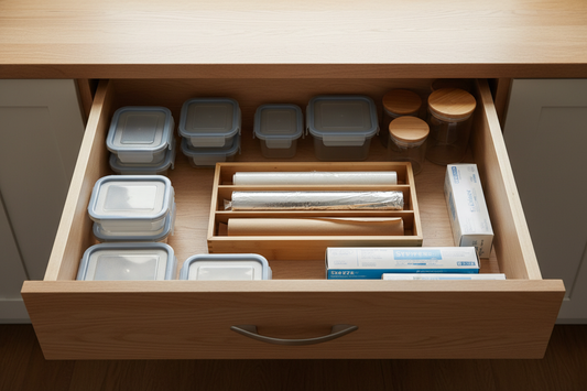 Organized kitchen drawer with wrap and foil stored in a dedicated dispenser