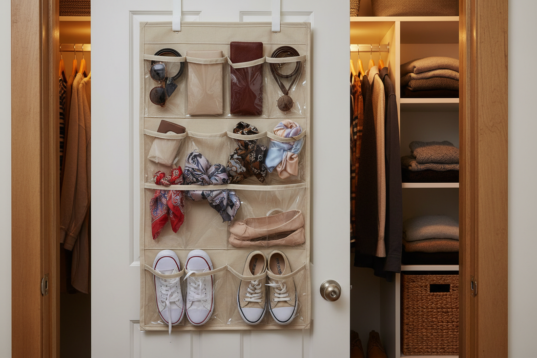 "Over-the-door organizer adding storage to a small closet"