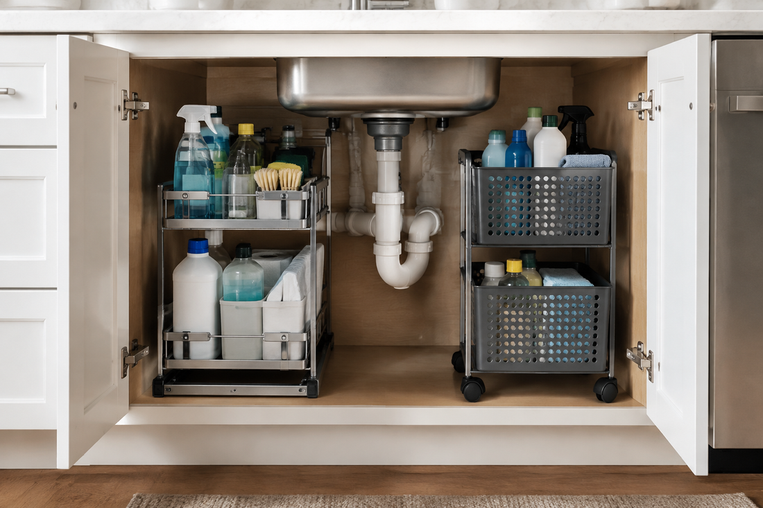 Slide-out and movable storage organizers arranged under a kitchen sink