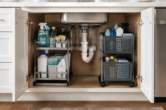 Slide-out and movable storage organizers arranged under a kitchen sink