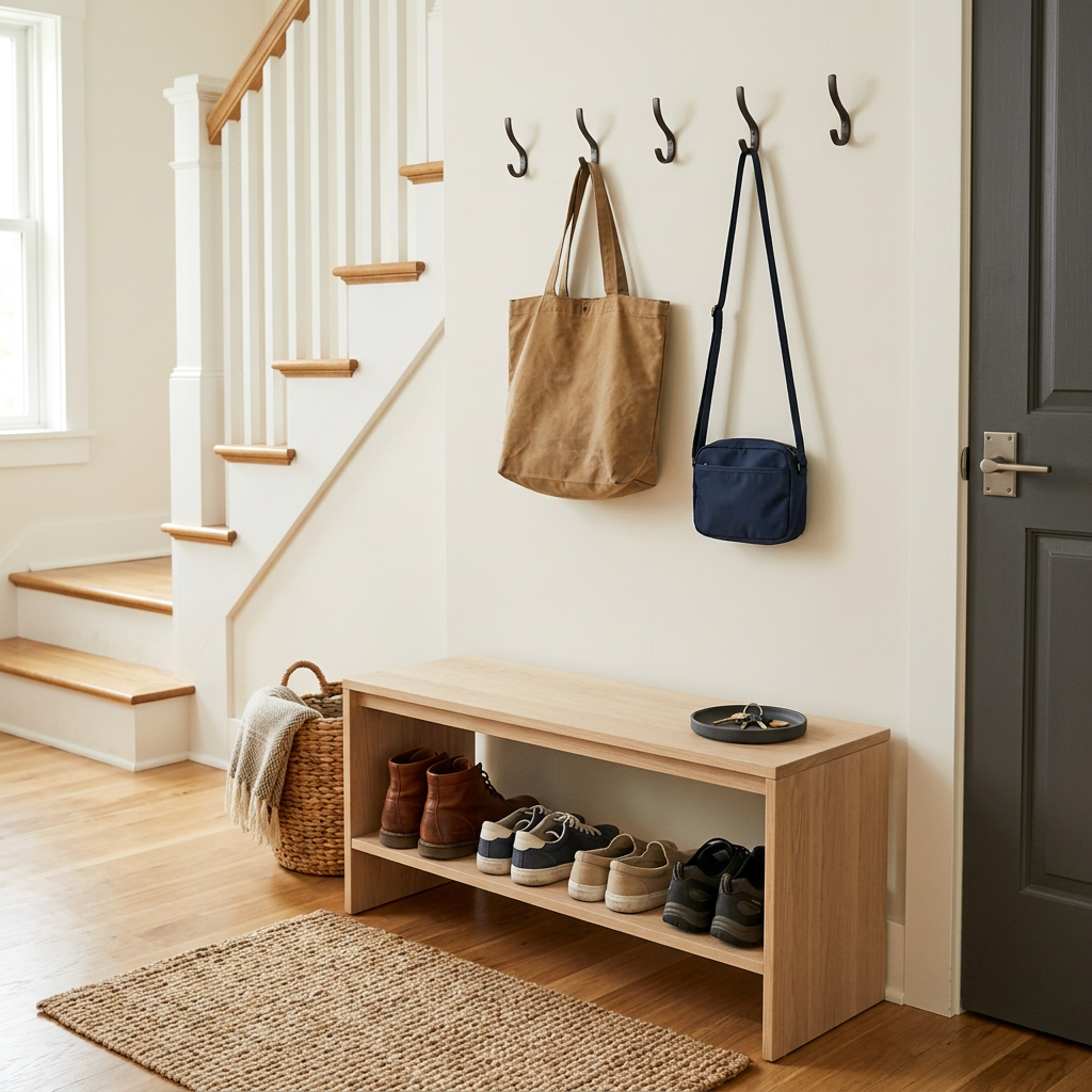 Entryway with shoe shelf and wall hooks for bags