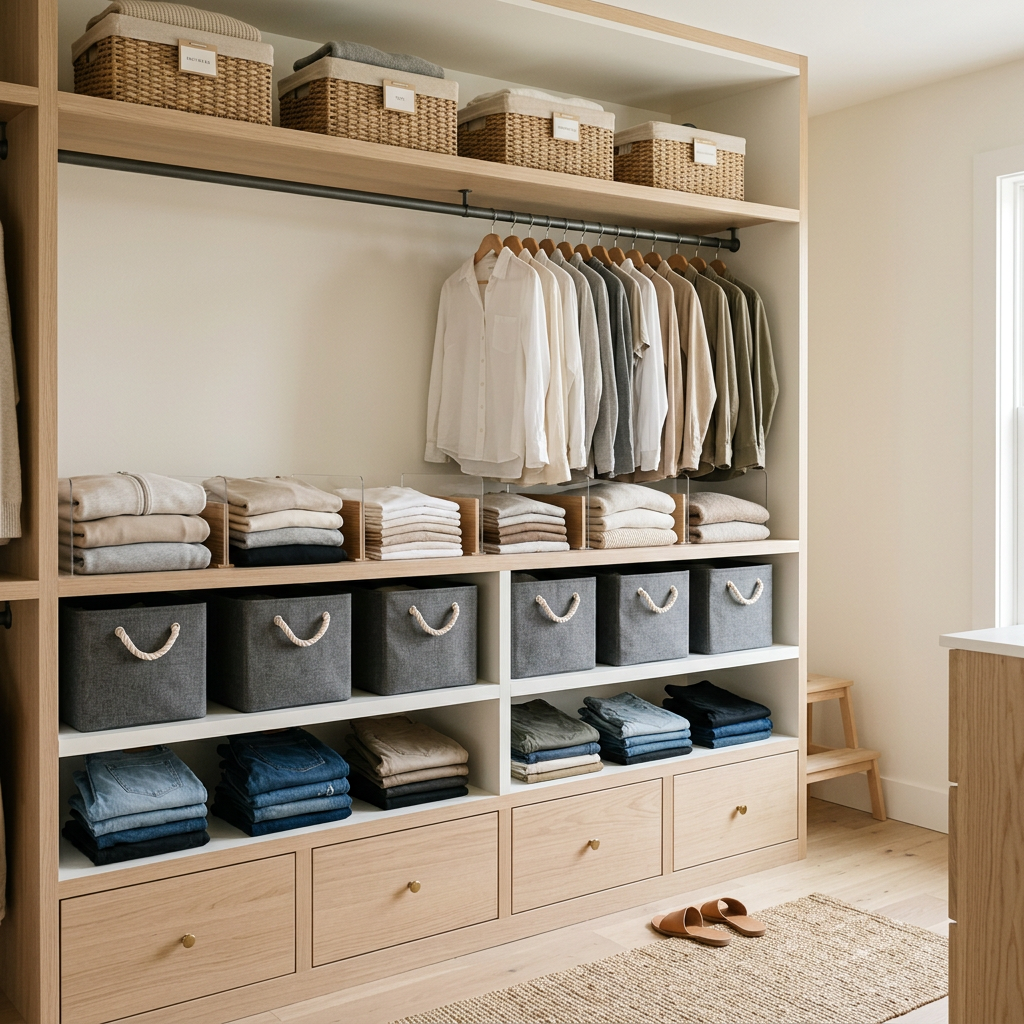 Organized closet with hanging clothes, folded clothing, and storage baskets