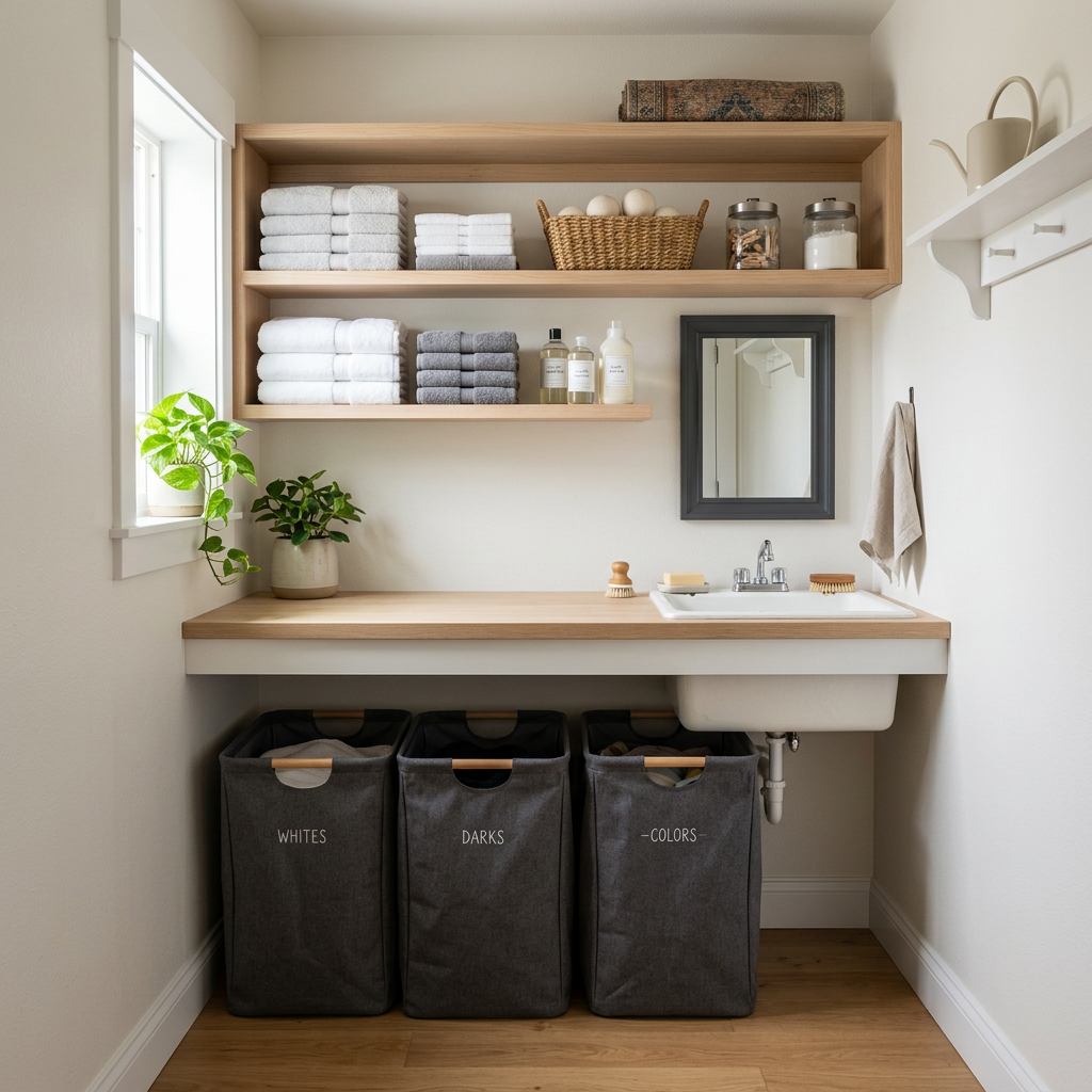 Laundry room with sorting baskets and organized shelves