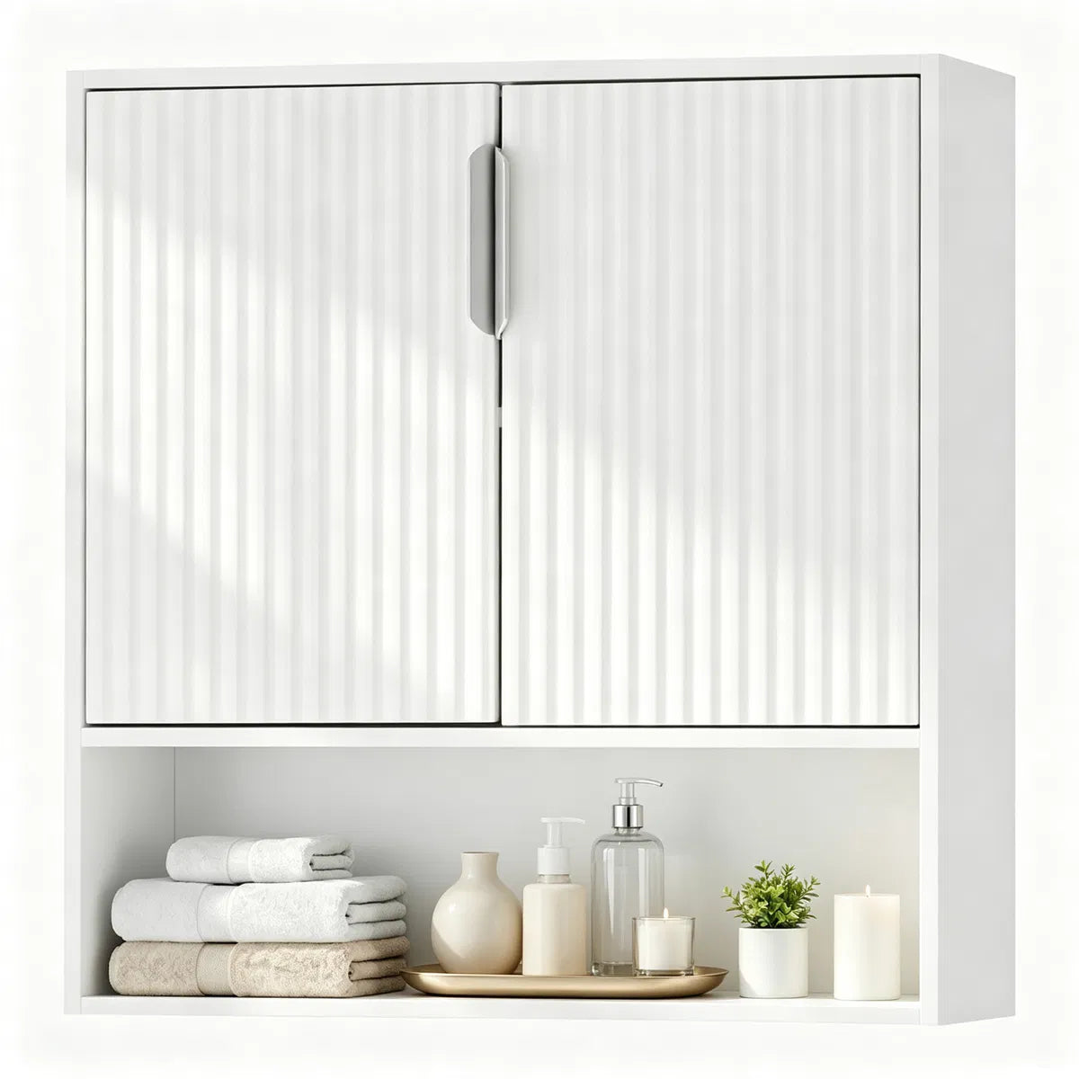 Wall Mounted Bathroom Cabinet, Modern Fluted Panel Storage Cabinet with Adjustable Shelf, 2-Door MDF Medicine Cabinet for Bathroom Kitchen Laundry Room Organization