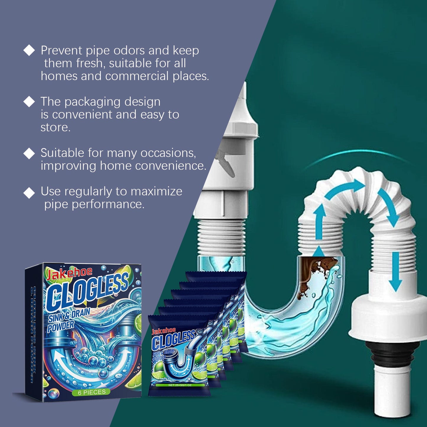 Drain Cleaning Powder – Kitchen & Toilet Pipe Unclogger with Lemon Deodorizer | Fixory911