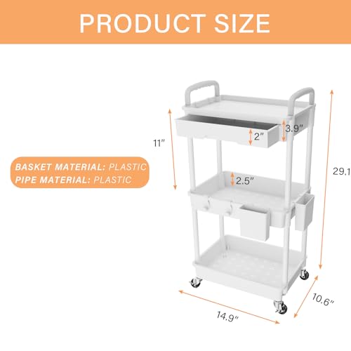 3 Tier Rolling Utility Cart with Drawer,REBECAT Utility Cart Made - Image 6