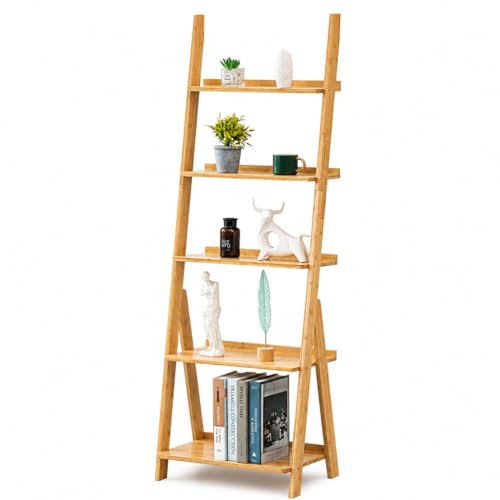 Maydear Bamboo Ladder Shelf Bookcase, 5-Tier Leaning - Image 2