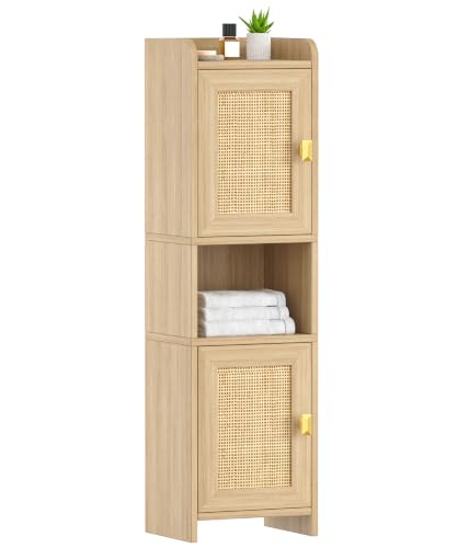 9.8''W Rattan Small Bathroom Storage Cabinet 2 Doors Oak - Image 2