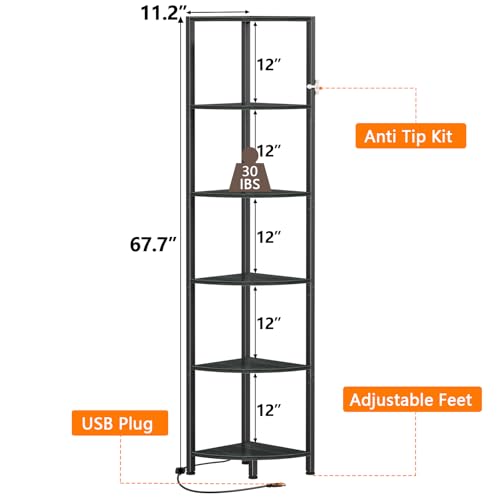 Furnulem 6 Tier Corner Shelf with LED Light, 67.5" Black Narrow - Image 3