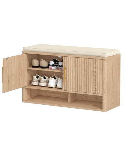 Fluted Shoe Storage Bench, Entryway Bench with Adjustable Shelves - Image 8