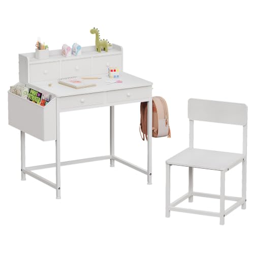 Kids Desk and Chair Set with 5 Fabrics Drawers, Ages 5-8, White - Image 2