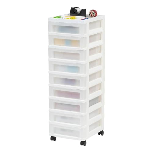 9-Drawer Narrow Plastic Storage Cart with Organizer Top, White - Image 2
