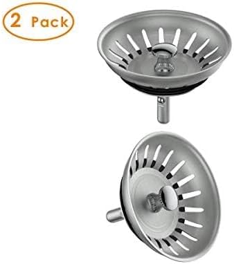 KANARY Stainless Steel Kitchen Sink Strainer Basket-Replacement for Standard Drains(3-1/2 Inch)-Ball-Lock Rubber Stopper (2-Pack, Stainless Steel)