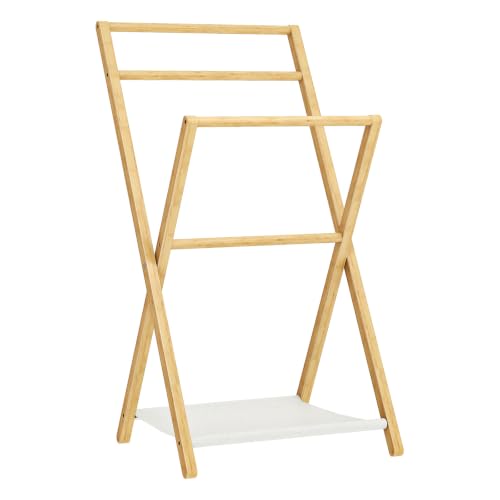 HOOBRO Towel Rack with Shelf, 3 Tier Bamboo Foldable Quilt - Image 2
