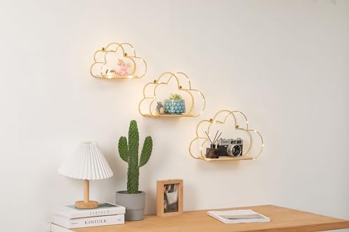 Golden Cloud Shape Floating Shelves with LED Lights Wall - Image 6