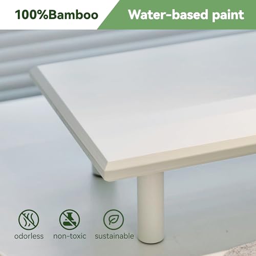 Bamboo Dual Monitor Stand Riser, White Desk Shelf with Storage - Image 4