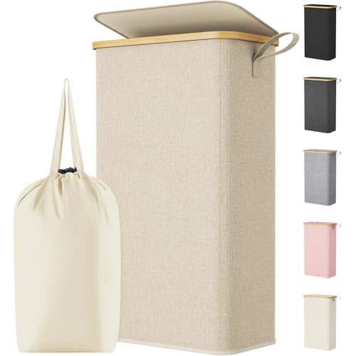 Lifewit 75L Slim Laundry Hamper with Lid and Removable Bag, Beige - Image 2