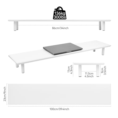 Bamboo Dual Monitor Stand Riser, White Desk Shelf with Storage - Image 3