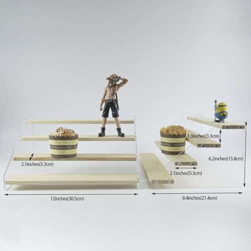 2 Pack 4 Tier Acrylic Display Stand for Figures Wooden Risers - Image 4