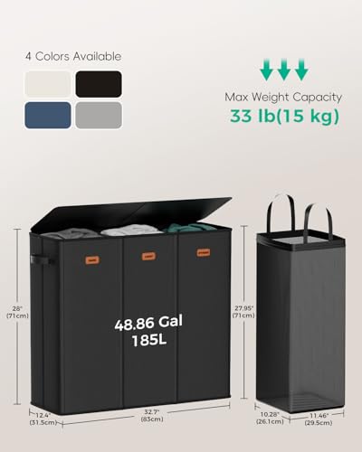 185L Laundry Hamper 3 Section with Lid & Removable Bags - Image 4