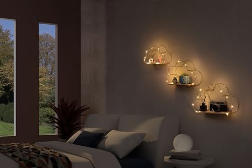 Golden Cloud Shape Floating Shelves with LED Lights Wall - Image 7