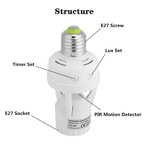 PIR Motion Sensor Light Socket, E27 Screw Light Bulb Holder LED - Image 8